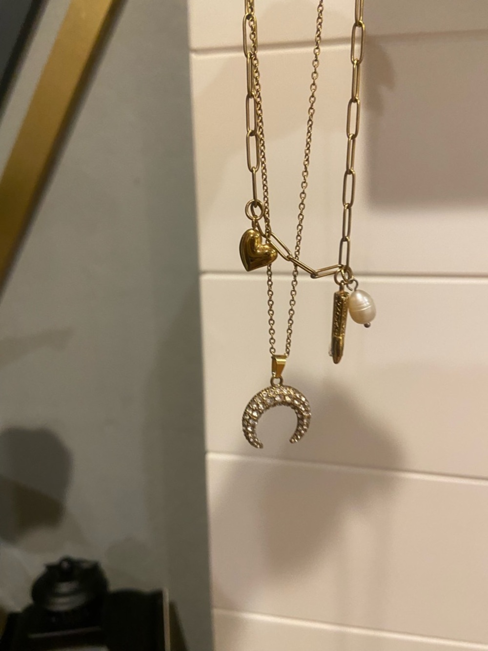 Gold Layered Crescent, Cowboy boot & Heart Pendant Necklace with Pearl Accent